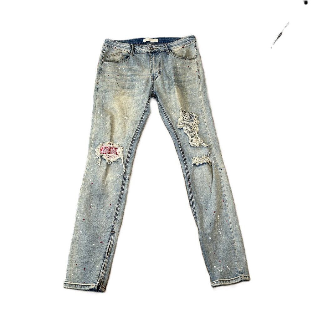 0370 KDNK Distressed Splattered Skinny Jeans 34 Bandana Patch